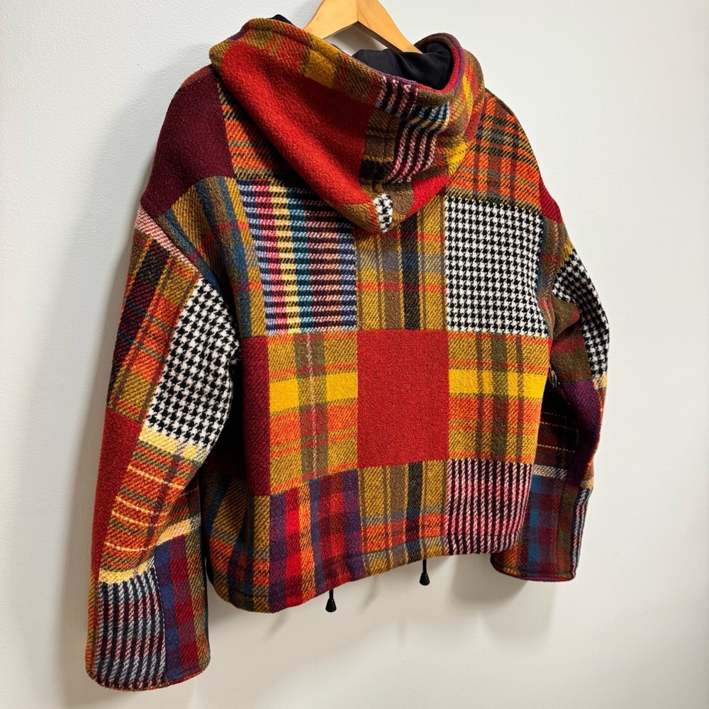 Vintage 90s The Limited Multicolored Plaid Patchwork Hooded Toggle Jacket L - Picture 8 of 13